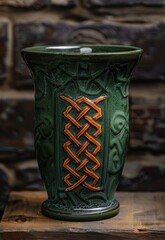 Wall Mural - Elegant green ceramic vase with intricate orange patterns