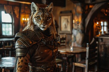 Wall Mural - Fantasy warrior in feline humanoid form dressed in medieval armor inside a tavern