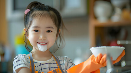 Asian girl, 4 years old, smiling face, standing, in left hand holding a sponge for washing dishes with foam, right hand holding a plate, both hands wearing orange rubber gloves, wearing an apron