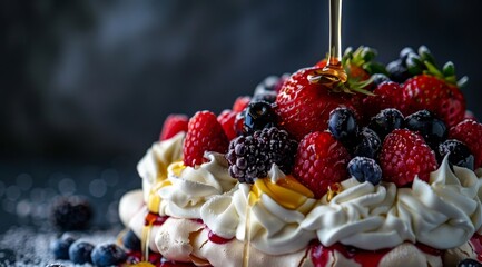 Wall Mural - Delicious berry pavlova with drizzling honey