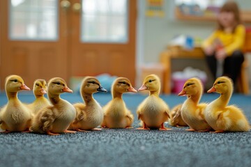 Wall Mural - Ducklings in kindergarten. Background with selective focus and copy space