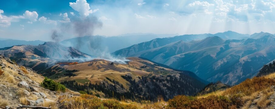 Panoramic view of mountain wildfire