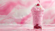 sumptuous pink cherry creme float with whipped cream topping and maraschino cherry on a swirling pink background, with a copy space for text
