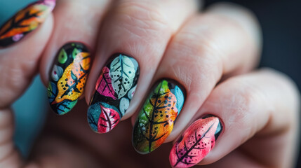 colorful autumn leaf nail art design on black background for beauty and fashion concepts