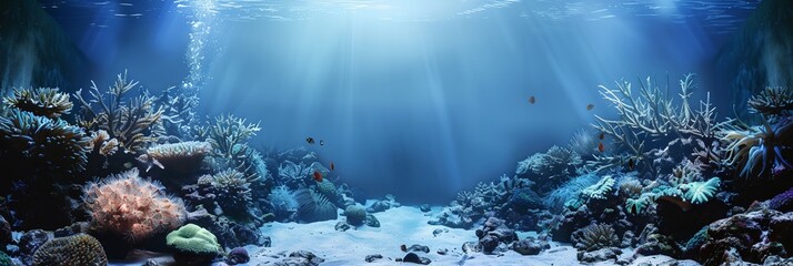 Wall Mural - large underwater scene with corals and fish in the water and sunlight streaming through the water's surface