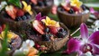 Acai berry smoothie bowls served in coconut shells with tropical fruit garnishes, evoking the exotic appeal of superfood indulgence.