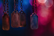 dog tag identification tags hanging with a blurry red and blue bokeh background for military concept, celebration of the memorial day design