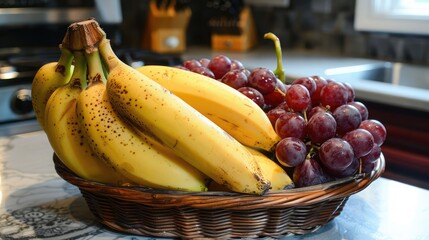 Wall Mural - basket of ripe bananas and bunches of grapes sitting on a kitchen counter, ready for snacking and cooking delicious recipes.