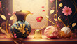 金の花瓶と花のある室内装飾　AI画像　ジェネレーティブAI