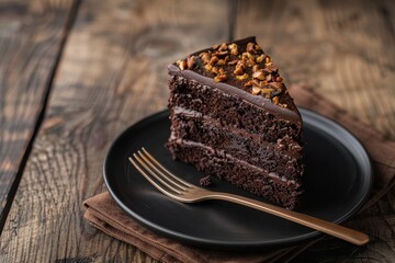 Wall Mural - Delicious slice of chocolate cake topped with nuts on a rustic wooden table
