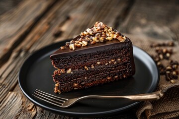 Wall Mural - Decadent chocolate cake slice with nuts on a rustic wooden table