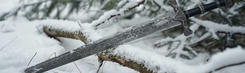 Canvas Print - Ornate sword crossed on a snowy forest backdrop