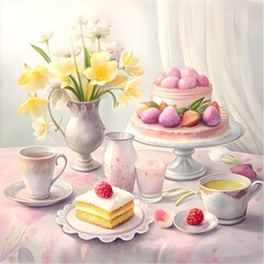 Wall Mural - a table adorned with a vase of enchanting spring bouquet flowers and a  tempting cake.