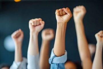 Wall Mural - Happy team celebrating with raised fists in a successful business moment. Concept Business Success, Team Celebration, Raised Fists, Office Achievements, Happy Moments