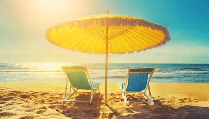 Wall Mural - cute color of umbrella and beach chair at summer tropical beach background