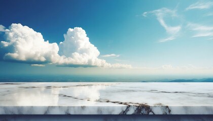 Wall Mural - marble top table with fluffy cloud on blue sky background backdrop background horizon banner nature glossy marble shelf over beautiful nature skyline for spring summer product display presentation