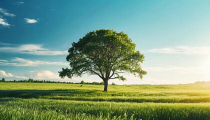 Sticker - tranquil lone tree stands proud in vast green field under summer sunlight