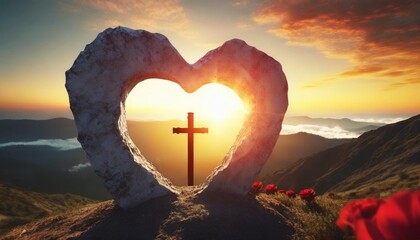 easter and good friday concept heart shaped empty tomb with cross on mountain sunrise background generative ai