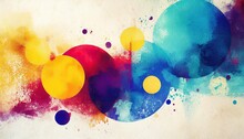 Abstract Modern Art Background Style Design With Circles And Spots In Colorful Blue Yellow Red And Purple On Light Beige Or White Background