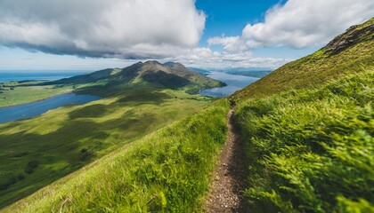 Wall Mural - scotland mountain green ranges aerial view path between greenery grassy hills grey clouds wrapped top of mounts in summer day wild untouched nature scenery of island arran footage shot in 2k qhd