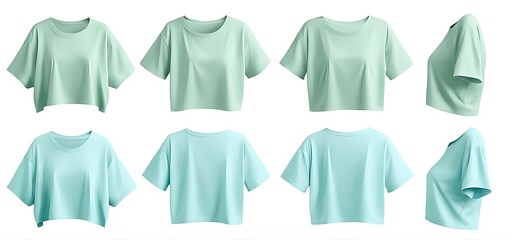 Set of pastel green turquoise blue woman loose cropped midriff tee t shirt round neck front, back and side view on white background cutout. 