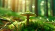 fresh healthy mushroom in green sunny coniferous forest panorama generative ai
