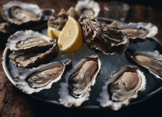 Wall Mural - Fresh oysters with lemon and ice on wooden table, closeup