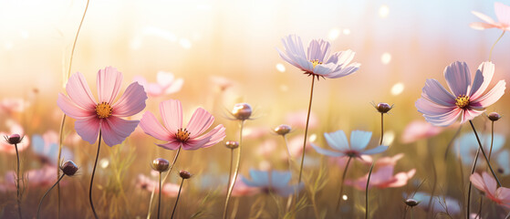 Poster - Tranquil Scene of Pink Cosmos Flowers at Sunset