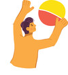 Man playing beach ball, raising colorful ball above head, cheerful. Young male having fun, engaging summer activities, playing ball. Cartoon character enjoys sunny day sports, playful mood, leisure