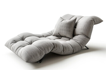 Cozy gray fabric chaise longue chair with plush cushions isolated on solid white background.