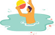 Man playing beach ball sea, joyful summer vacation activity. Male figure enjoying water sports, colorful inflatable ball beach. Cheerful person splashing blue ocean waters, playful