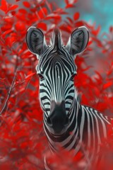 Canvas Print - Zebra standing amidst vibrant red foliage