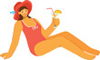 Description Young woman relaxing summer beach vacation, holding cocktail, wearing swimsuit, hat sunglasses. Smiling female enjoying tropical drink, sitting casual pose, leisure holiday concept