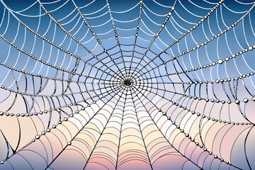 Poster - The delicate structure  spiders web, glistening with dewdrops in the early morning mist
