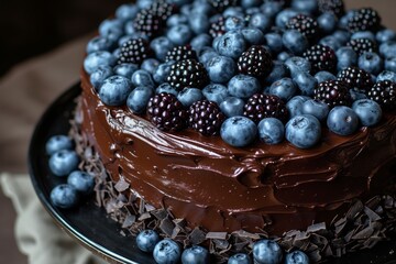 Wall Mural - Chocolate cake topped with fresh blueberries and blackberries