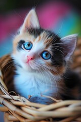 Sticker - Cute Calico Kitten in a Basket