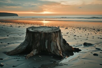 Sticker - Sunset at a serene beach with a tree stump in the foreground