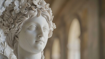 Sticker - Elegant marble statue with floral crown in an archway setting