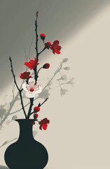 Sticker - Elegant Vase with Red Flowers and Shadow on Wall