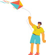 Young male flying colorful kite sky clear day. Happy cartoon character enjoying outdoor activity leisure. Casual attire kid playing wind game summer vibrant hues