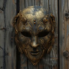 Poster - Mysterious golden mask on a wooden background