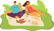 Young man woman picnic park enjoying food relaxed casual clothing friends summer weekend. Diverse couple eating watermelon park leisure activity picnic blanket greenery. People spend time together