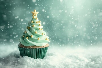 Wall Mural - Festive Christmas Cupcake with Star Topping and Snowy Background
