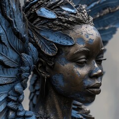 Poster - Artistic portrait of a person with blue body paint and feather details