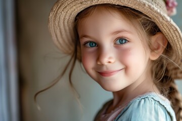 Canvas Print - Smiling Young Girl Wearing a Straw Hat