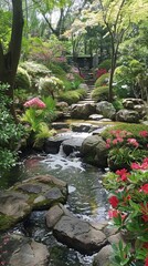 Poster - Tranquil Japanese Garden with Flowing Stream and Blooming Flowers