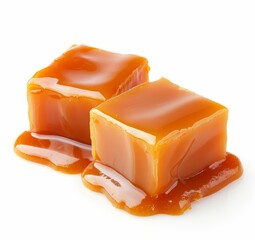 Wall Mural - Caramel cubes with dripping sauce on white background