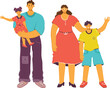 Family portrait, happy parents children together, colorful casual clothing. Man holds young girl, woman boy waving, cheerful diverse family illustration. Ethnic smiling, modern dress, joyful cartoon