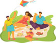 Family enjoying picnic green grass, children parents eating, flying kite. Young boy flies colorful kite, parents young girl sit around foodladen blanket, happy leisure activity outdoors. Casual