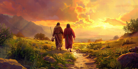 Wall Mural - Faith's Journey: Walking with Christ - A journey of faith, where believers walk alongside Christ, finding guidance, strength, and solace in his teachings and example